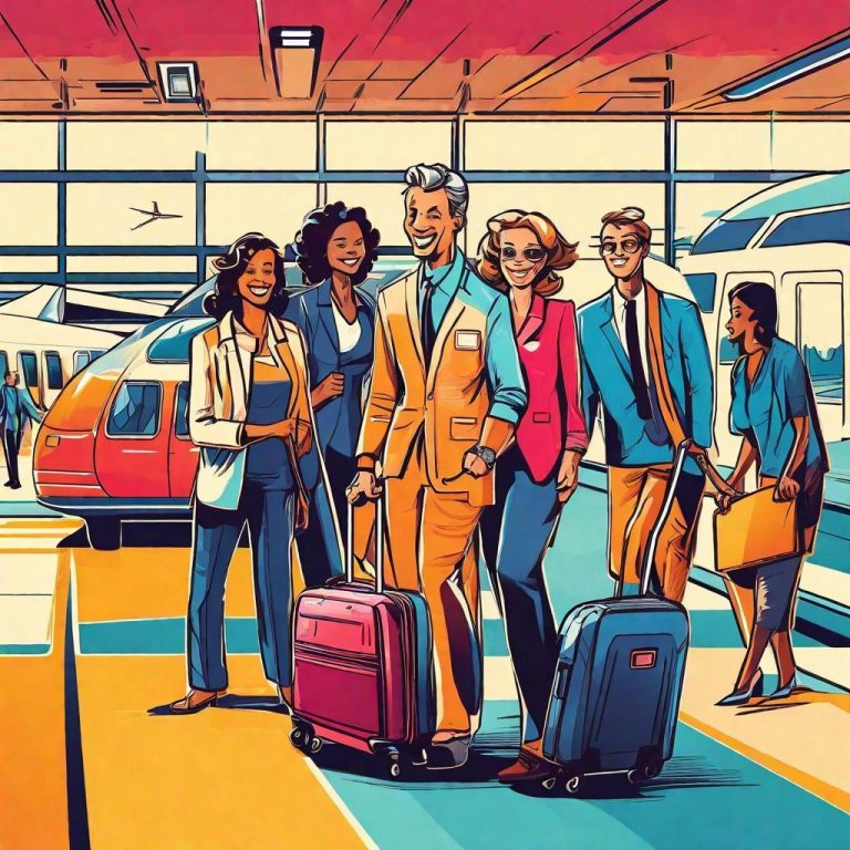 Diverse group of travelers boarding a well-maintained airport shuttle, creating a lively atmosphere against the backdrop of an airport.